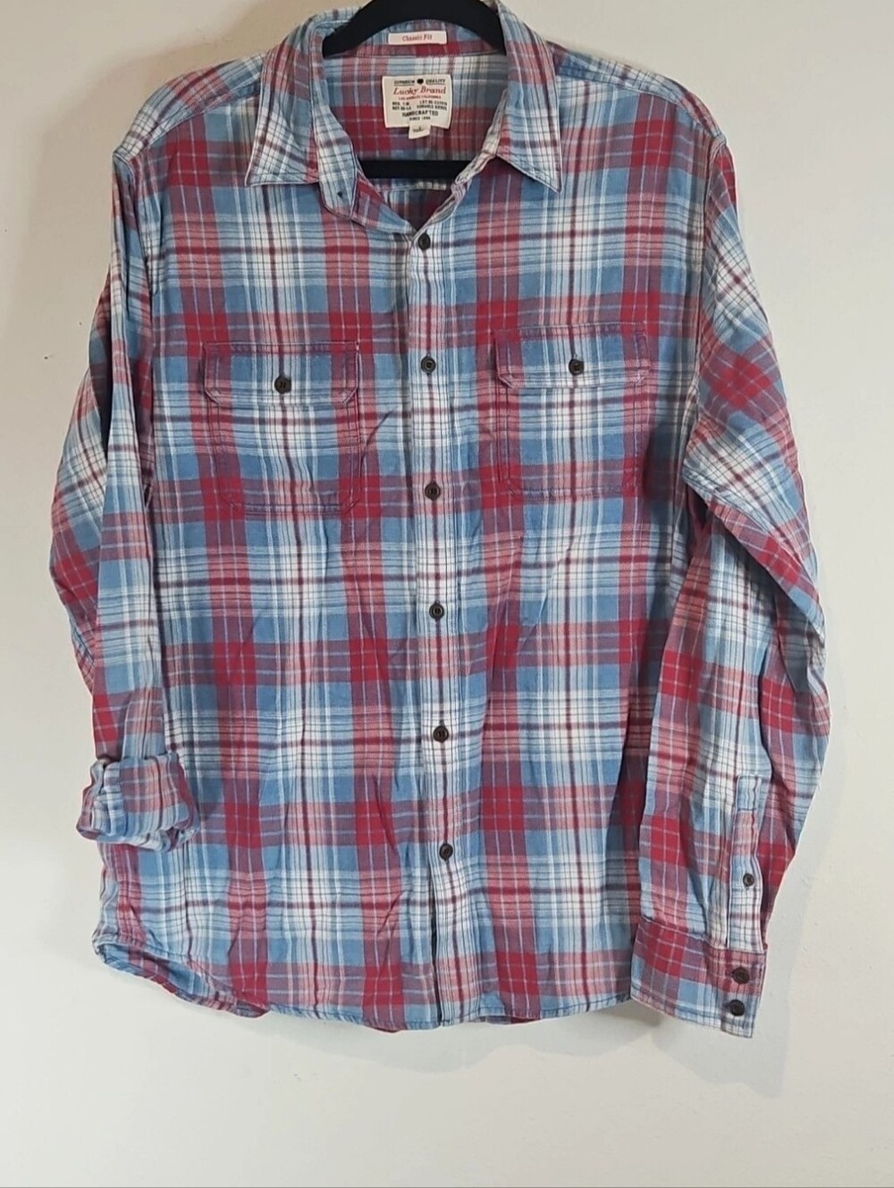 Lucky Brand Mens Shirt Classic Fit Red White & Blue Plaid Large Western Cowboy